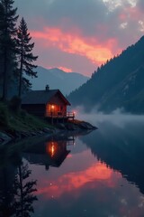 Fototapeta premium Warm lamplight glows on lakeside cabin at dawn, mist rising , reflection, warm, interior