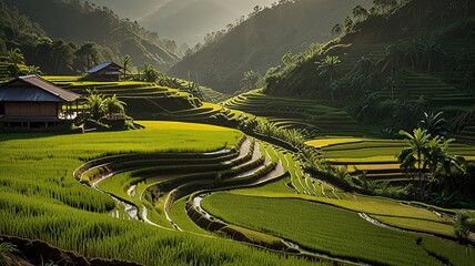 Landscape of terraced rice fields, characterized by their lush green and golden hues.