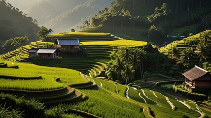 Landscape of terraced rice fields, characterized by their lush green and golden hues.