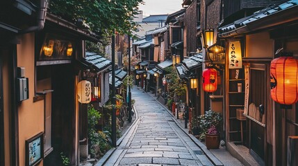 Obraz premium Serene Alleyway in Historic Kyoto: Charming Streetscapes Capturing Traditional Architecture, Lanterns, and Lush Greenery in Vibrant Japanese Culture