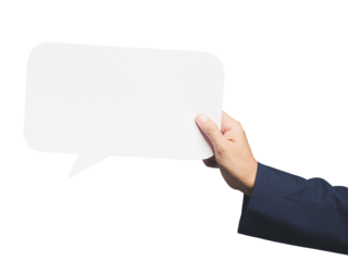 Hand holding a blank speech bubble on a transparent background.