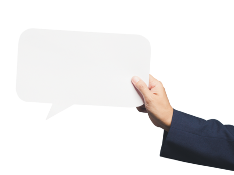 Hand holding a blank speech bubble on a transparent background. - Powered by Adobe