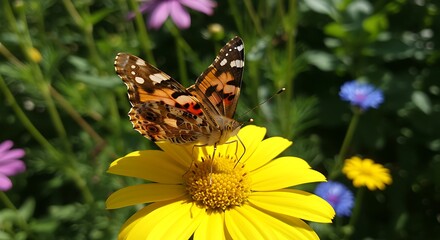 Obraz premium Butterfly Resting on a Yellow Daisy in a Sunny Garden Scene