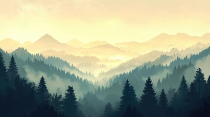 Obraz premium The Mountain Landscape of Pine Forests Shrouded in Morning Mist: A Natural Background