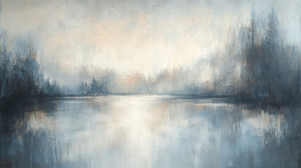 Ethereal landscape painting with misty water and soft colors, creating serene atmosphere