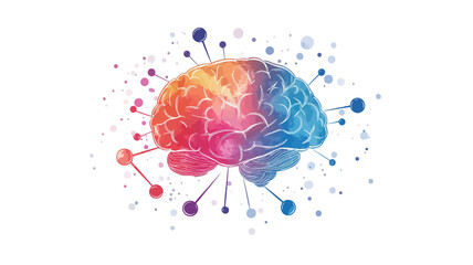 An illustration depicting a stylized human brain rendered in a watercolor or paint-like style. The brain is predominantly rendered in shades of pink, orange, blue, and purple, with