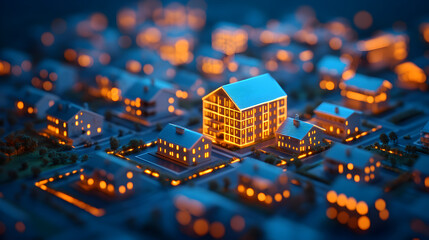 Obraz premium Nighttime miniature cityscape artistic perspective of illuminated urban architecture