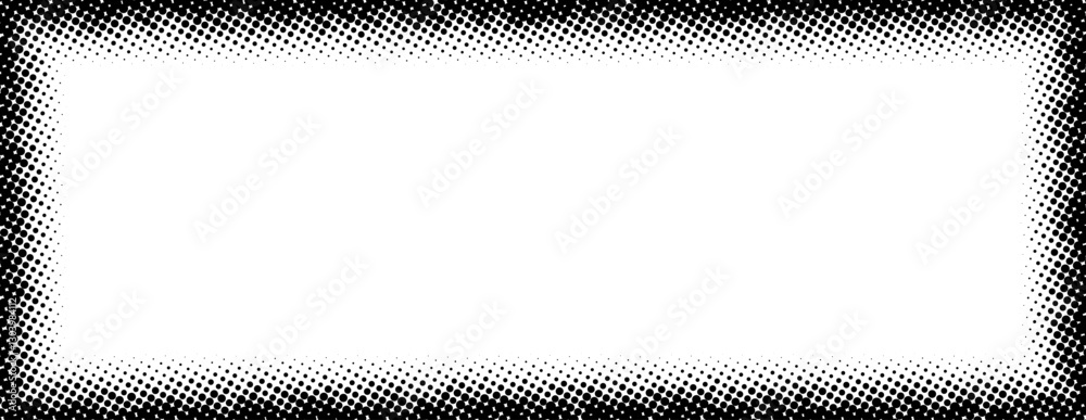 Poster halftone rectangle grain frame. black comic dotted border. pop art fading gradient frame backdrop. b
