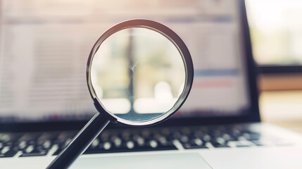 Close-up of laptop screen with search bar and magnifying glass icon, representing online privacy and data security concerns in digital age.