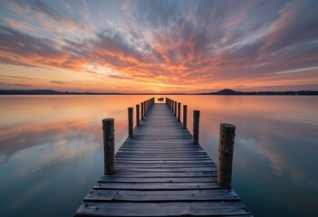 Tranquil Sunset Lake Scene. Pier Extending Into Water. Warm Light Reflecting In Still Water. Peaceful Evening Landscape, Breathtaking Colors In The Sky... A Serene Nature Scene.