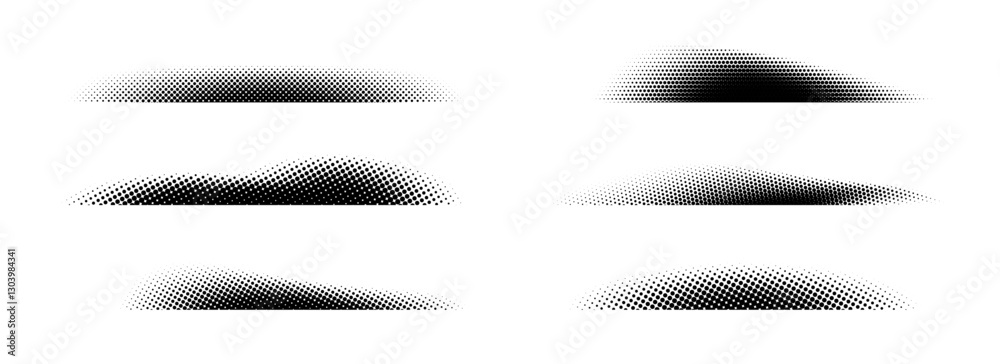 Aufkleber Halftone shadow set. Black dotted gradient stripe collection. Horizontal pixelated grain line patterns. Half tone textured shade pack for divide and separate. Vector noise dots and particles strips