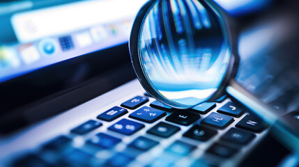 Close-up of laptop screen with search bar and magnifying glass icon, representing online privacy and data security concerns in digital age.
