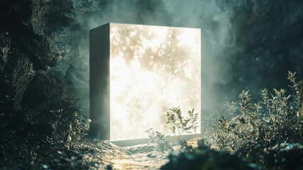 glowing light box surrounded by abstract shapes in misty environment