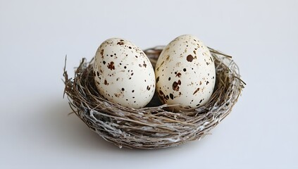 Obraz premium Two speckled eggs in a nest on a white background