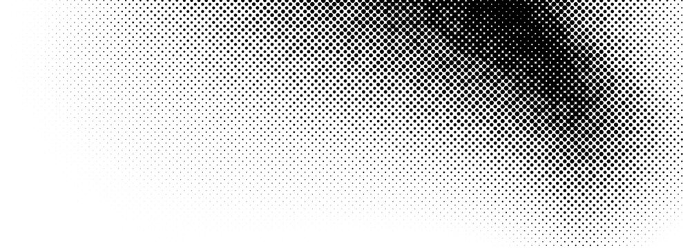 Dotted halftone texture background. Black and white pop art gradient overlay. Fading grunge gritty noise wallpaper. Weathered pixelated comic backdrop. Vector bitmap subtle vanishing surface