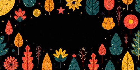 Autumnal foliage border design with dark background and vibrant colors for seasonal greetings