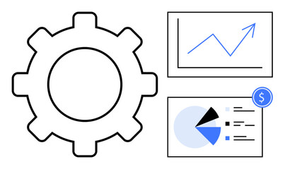 Gear with analytics chart showing upward trend, pie chart with segments, and dollar symbol. Ideal for business growth, teamwork, data analysis, financial strategy, productivity, performance