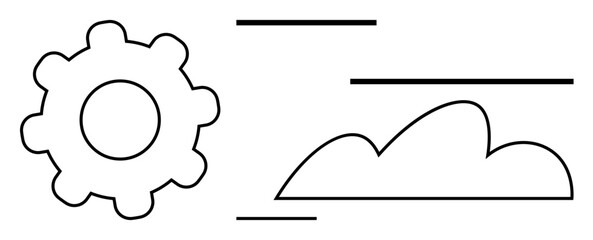 Gear and cloud outline with horizontal lines indicating motion or speed. Ideal for technology, innovation, digital transformation, cloud computing, mechanics, engineering, automation. Flat simple