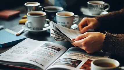 A cozy caf? scene featuring a person flipping through a magazine with coffee cups on the table