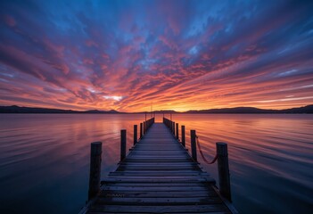 Obraz premium Serene Lake Sunset View Long Pier Leading To Still Water. Distant Mountain Peaks. Beautiful Orange And Purple Sky With Reflections. Peaceful Nature Scene. Tranquil Evening Landscape.
