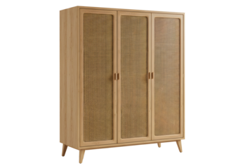 Elegant Three-Door Rattan Wardrobe with Mid-Century Modern Design transparant background