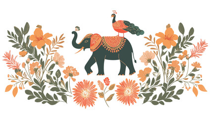 A digital illustration featuring a dark gray elephant adorned with a patterned saddle, upon which a peacock perches.  The elephant and peacock are centrally positioned against a white