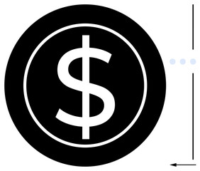 Black circle with white dollar sign outlined at the center, alongside horizontal and vertical arrows. Ideal for money, investment, trade, business, budget, economy savings. Flat simple metaphor