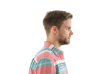 Guy has stylish haircut in profile. Young man wearing casual shirt. Casual male style portrait....
