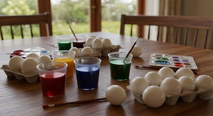 Preparing Easter Eggs with Colorful Dye and Paintbrushes on Wooden Table