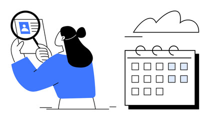 Female figure examining user profile with magnifying glass next to a calendar. Ideal for recruitment, job search, scheduling, planning, organization, time management, personnel tracking. flat simple