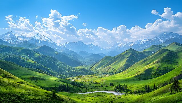 Majestic Mountain Valley: A breathtaking panoramic vista showcasing a vast mountain valley. Lush, rolling green hills and snow-capped peaks under a brilliant blue sky.