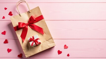 A romantic gift presentation a kraft paper shopping bag adorned with a vibrant red ribbon, containing a smaller gift box, complemented by scattered paper hearts on a delicate pink wooden surface.