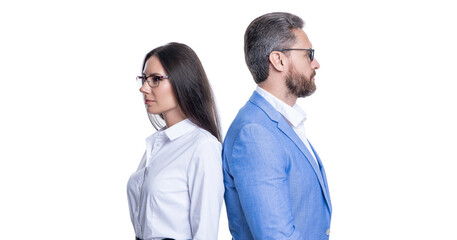 successful businesspeople. business coworkers isolated on white. two businesspeople in formal suit. ambitious businesspeople support. professional business leader with manager. back to back