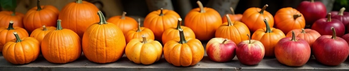 Obraz premium Pumpkins and apples displayed at outdoor fall market, apples, fall