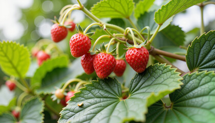 Fresh strawberries growing on a plant for spring planting, organic gardening, and seasonal farming