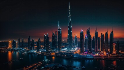 Realistic digital painting depicting nightlife in Dubai, Contemporary landscape art concepts mixed