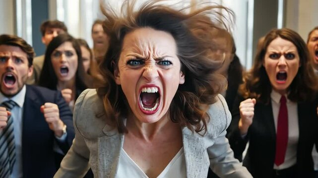 Rage of a Business Crowd: An intense, close-up shot captures the collective fury of a diverse group of businesspeople. Their faces contorted in expressions of anger and frustration.