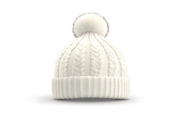 Obraz premium White cable knit beanie with pom-pom, studio shot