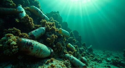 Fototapeta premium Near a coral formation, underwater view showing plastic bottles and trash entangled in seaweed. Underwater Seaweed Plastic Pollution.