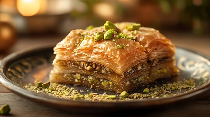 Delicious Baklava Pastries with Pistachios on Plate Sweet Dessert Treat