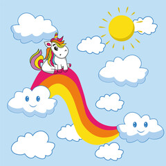 Cute cartoon unicorn on rainbow among clouds. For kids design prints, posters, greeting cards, stickers etc. Vector illustration.