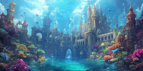 A fantastical underwater city with colorful coral and sea life