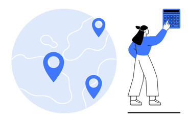 Woman using calculator near globe with map markers, representing geolocation, data analysis, travel planning, logistics, global business, technology integration, flat simple metaphor