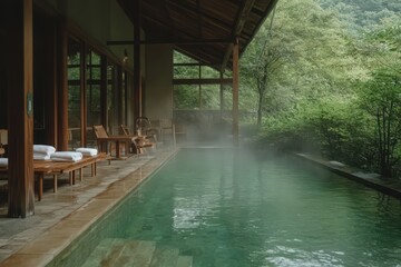 Tranquil Outdoor Pool with Steaming Water in Lush Greenery
