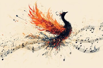 Naklejka premium An Abstract Painting Depicts a Phoenix and Musical Notes
