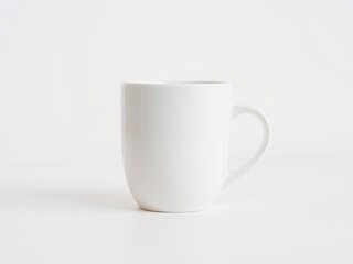 Minimalistic white ceramic coffee mug on light background, elegant design, showcase beverage, sleek, stylish, isolated, stylish, elegant