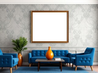 Modern interior with orange and blue textured wall, frame, vase of plant, coffee table, sofa, chair, stylish furniture, decoration, copy space, design, vase, blue