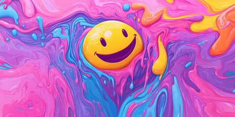 Naklejka premium A smiling yellow face immersed in a flowing colorful liquid