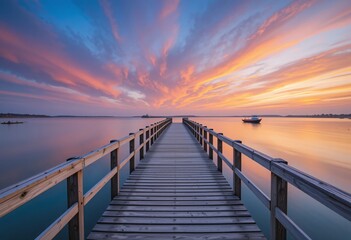 Fototapeta premium Serene Sunset Over The Water. Long Pier Stretches Towards The Horizon. Peace And Tranquility. Soft Blue Orange Hues. A Scenic Representation Of Natural Beauty. Boat In The Distance.