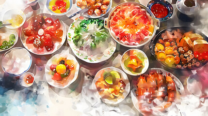 Fototapeta premium Traditional Food New Year Watercolor Painting